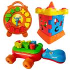 Kit 3 brinquedos interativos e didáticos com peças de encaixar- relógio castelo e hipopótamo