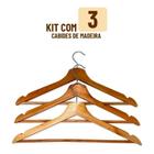 Kit 3 Cabides Madeira Marfim Verniz Adulto Barra Blusa Calça