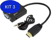 Kit 3 Cabo Adaptador Conversor Hdmi Para Vga Saída P2 Áudio Md9