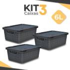 Kit 3 Caixa Organizadora 6 Litros Jutta Preta C/ Tampa Cesto Organizador Telado - Arqplast