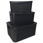 Kit 3 Caixas Organizadoras 5,8L 8,8L 17L Rattan Preta Organização - Plasnew