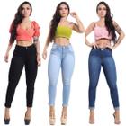 Kit 3 Calça Capri Feminina Jeans Com Licra Azul Escuro Liso-Preta-Azul Claro Delaver 22