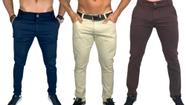 Kit 3 calça jeans masculina com elastano slim bege claro azul marinho skinny alfaiataria