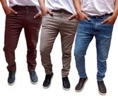 Kit 3 calças basica masculina sarja e jeans a pronta entrega calça com elastano aproveite.