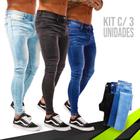 Kit 3 Calças JEANS SKINNY LISO Masculinas Casual Elastano Slim Preta Azul Azul Claro 444