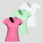 Kit 3 Camiseta Feminina Blusas Elegantes Algodão Gola V Manga Curta