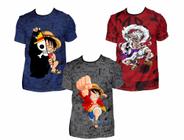 Kit 3 Camiseta Masculina Estampada Monkey D. Luffy One Piece Blusa 100% Poliéster