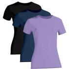 Kit 3 Camiseta Proteção Solar Feminina Manga Curta Uv50+ 1 Lilás 1 Marinho 1 Preta