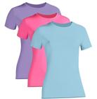 Kit 3 Camiseta Proteção Solar Feminina Manga Curta Uv50+ 1 Lilás 1 Rosa 1 Azul