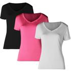 Kit 3 Camiseta Proteção Solar Gola V Feminina Manga Curta Uv50+ 1 Brancas 1 Preta 1 Rosa