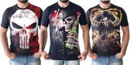 Kit 3 Camisetas Camisas Masculinas Skull Caveiras Justiceiro Rock Moto Series Algodao