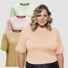 Kit 3 Camisetas Feminina Plus Size 100% Algodão T-Shirt G1 A G3 Básica Lisa