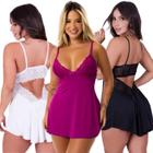 Kit 3 Camisola Sensual Com Renda Feminina Decote Nas Costas Alças Ajustáveis Linha Noite Sem Bojo