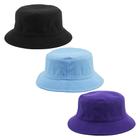 Kit 3 Chapeu Bucket Liso Unissex - Preto, Azul Claro E Roxo