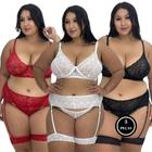 Kit 3 Conjunto Lingerie Plus Size Sutiã sem Bojo e Perneira - KIT 3 AMÉLIA PRETO VERMELHO E BRANCO