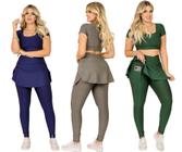 Kit 3 Conjuntos Feminino Fitness Calça Legging Saia Com Bolso e Top Cropped Treino Academia Caminhada The Start