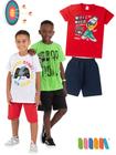 Kit 3 Conjuntos Infantil Juvenil Menino Verão Camiseta Manga em Meia Malha e Bermuda Moletinho com Elástico