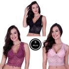 Kit 3 cropped de renda top feminino alça grossa-KIT 3 SUTIÃ CRIS PRETO BORDÔ ROSA