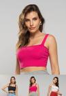 Kit 3 Croppeds Top Faixa Comfy Malha Canelada Pink, Preto e Branco Salvatore Fashion