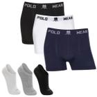 Kit 3 Cuecas Polo Wear Premium + 3 Pares de Meias Cano curto Lupo Poliamida