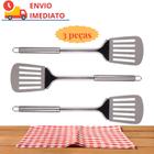 Kit 3 Espátulas Vazada 100% Inox Para Hambúrguer Lanches Grelhados Chapeiro
