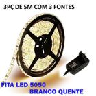 Kit 3 Fita Led 5050 Branco Quente 3000k Luz Amarela Bivolt Com Fonte - dgs