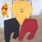 Kit 3 Pçs Roupa Body Temático Ursinho Pooh + 2 Calças Mijão