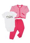 Kit 3 peças body, calça e casaco Best Club Baby listrado pink e branco com bordado bichos