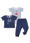 Kit 3 peças body, camiseta e calça Best Club Baby azul marinho e branco com bordado marinheiro