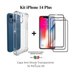 Kit 3 Películas 3D Vidro + Capa Capinha Transparente para Iphone 14 Plus