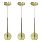 Kit 3 Pendente Lux Dourado Globo Âmbar Vidro + Led - Iluminar Ambiente