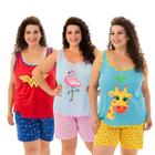 Kit 3 Pijamas Adultos Femininos Plus Size Regata Curto Verão Personagens