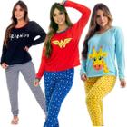 Kit 3 Pijamas De Frio Feminino Longo Inverno Manga e Calça