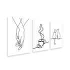 Kit 3 Placa Decorativa Quadro Mãos Entrelaçadas Gato Casal Café Linhas Preto Branco