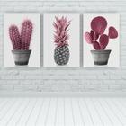 Kit 3 Placas Quadros Decorativos 20X30 Floral Cacto Rosa