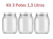Kit 3 Potes 1,3 Litros Recipiente Vidro Liso Invicta Branco