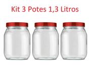 Kit 3 Potes 1,3 Litros Recipiente Vidro Liso Invicta Vermelh