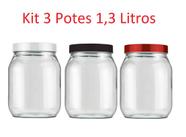 Kit 3 Potes 1,3 Litros Recipientes De Vidro Liso Invicta