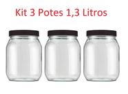 Kit 3 Potes 1,3 Litros Recipientes Vidro Liso Invicta Preto