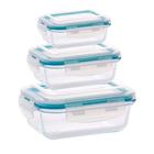 Kit 3 Potes de Vidro Retangular 370ml 640ml 1010ml com Tampa Hermética
