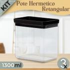 Kit 3 Potes Herméticos de Acrílico Retangular 1300ml Lumini Black e Cristal - Paramount