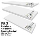 Kit 3 Prateleiras Brancas Mdf 40x15 Suporte Invisível Decora