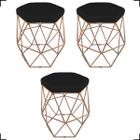 Kit 3 Puff Decorativos Aramado Hexagonal Suede Cores Pé Aramado Bronze/Dourado/Preto - Clique E Decore