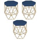 Kit 3 puff decorativos para sala hexagonal aramado base dourada suede azul marinho - clique e decore - CLIQUE & DECORE