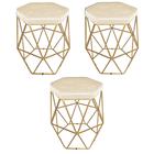 Kit 3 puff decorativos para sala hexagonal aramado base dourada suede bege claro - clique e decore