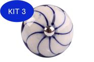 Kit 3 Puxador Decorativo De Cerâmica Branco E Azul P/ Moveis