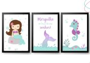 Kit 3 Quadro Decorativo Infantil Sereia Fundo do Mar