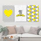 Kit 3 Quadros Aqui Tem Amor Amarelo E Cinza 45x34cm - com vidro