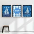 Kit 3 Quadros Arte Nautica Azul - Gratidão 45x34cm - com vidro