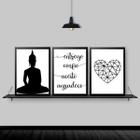 Kit 3 Quadros Buda Mantra Coração 45X34Cm Moldura Preta